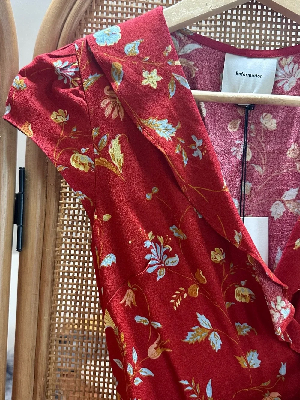 Reformation Red Floral Tie-Waist Wrap Top